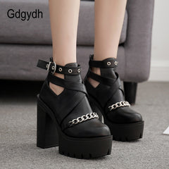 Fashion Chain Women Shoes Zipper Square High Heel Ankle