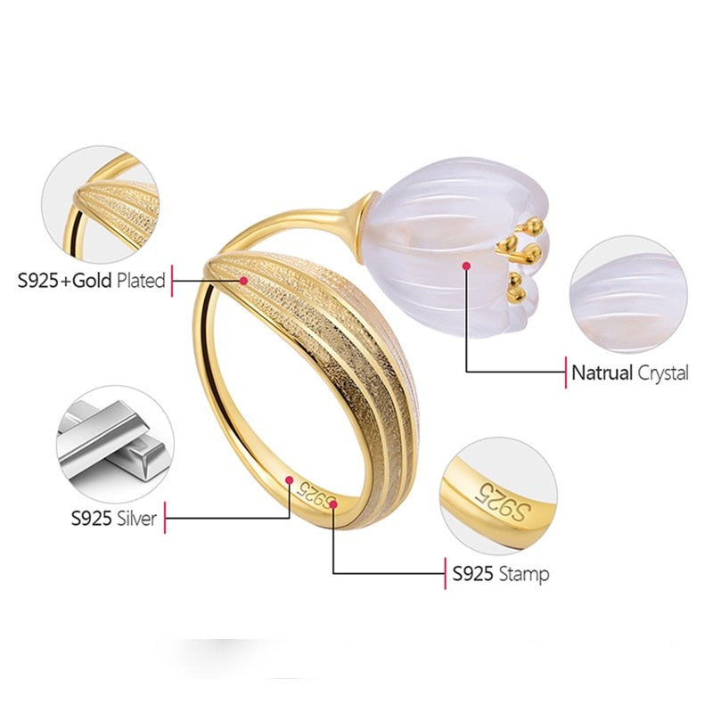 Lotus Fun Real 925 Sterling Silver 18k Gold Ring Natural Crystal Handmade