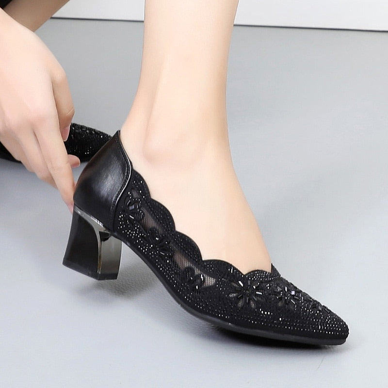 Summer Fashion Hollow Out Genuine Leather Pumps Women Shoes Med Heels