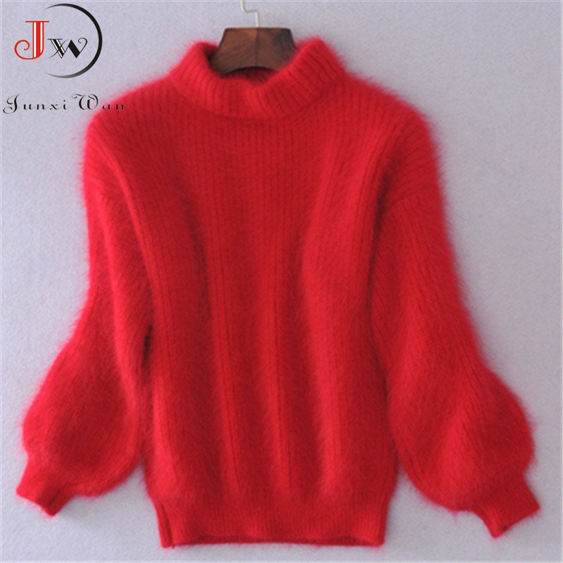 White Mohair Thicken Turtleneck Sweater Autumn Winter Sweet Fashion