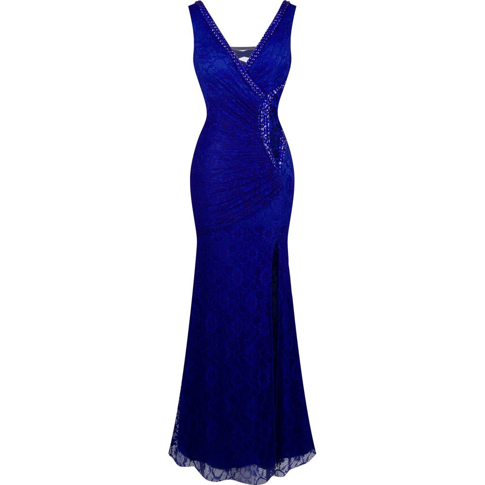 Evening wear Dresses: Formal Party V Neck Beading See Through Lace Evening Dress