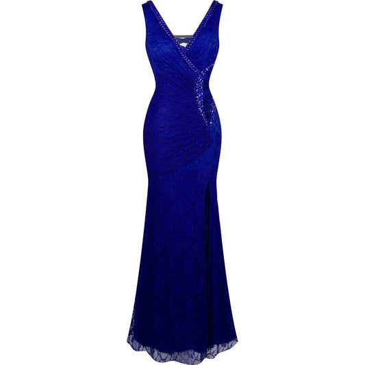 Evening wear Dresses: Formal Party V Neck Beading See Through Lace Evening Dress