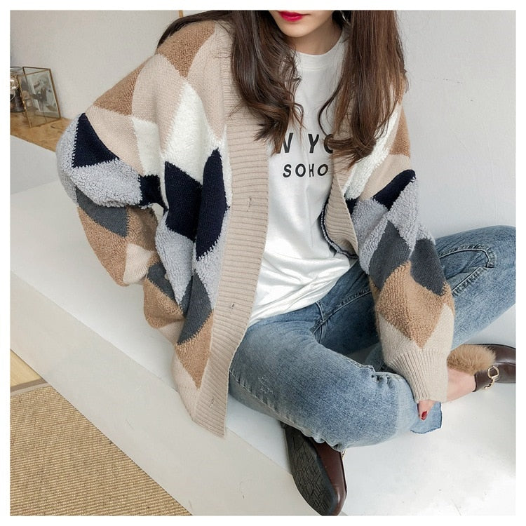 Colorfaith Women's Sweaters Winter Spring Plaid V-Neck Cardigans Button