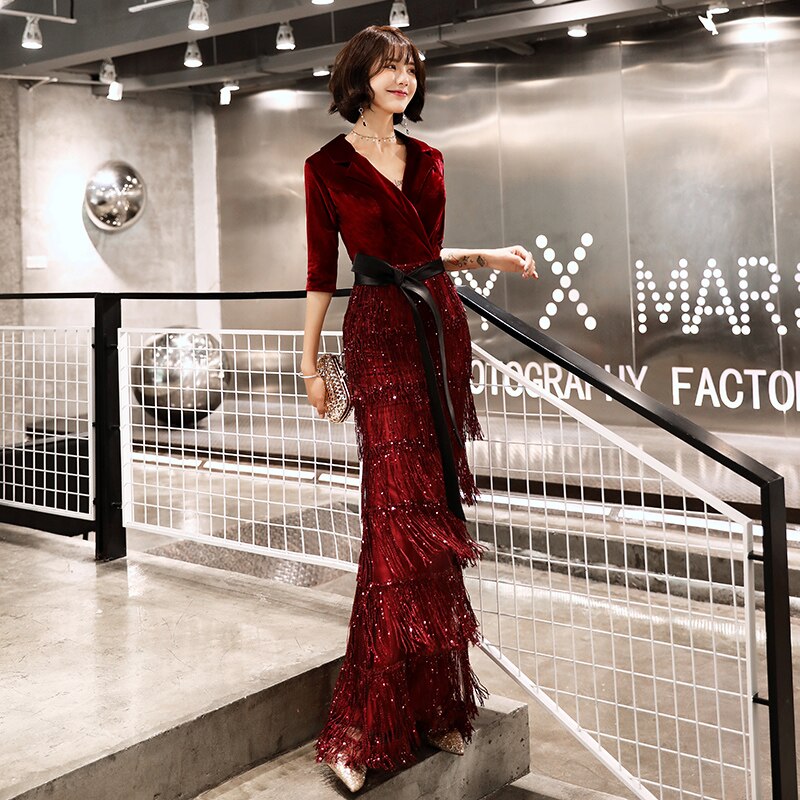 Evening wear Dresses: Velvet Evening Dresses Long Mermaid V-Neck Formal Dress
