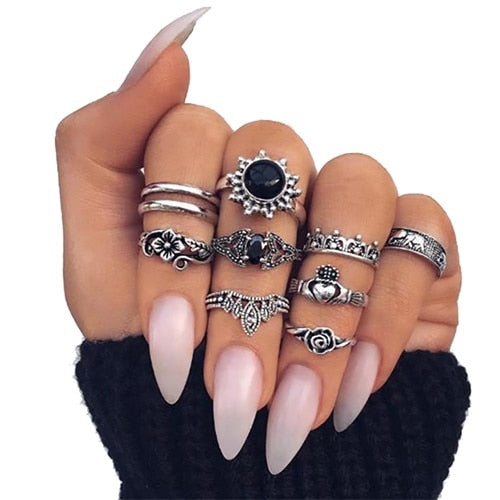 Bohemian Vintage Gold Crystal Geometric Joint Ring Set for Women Star