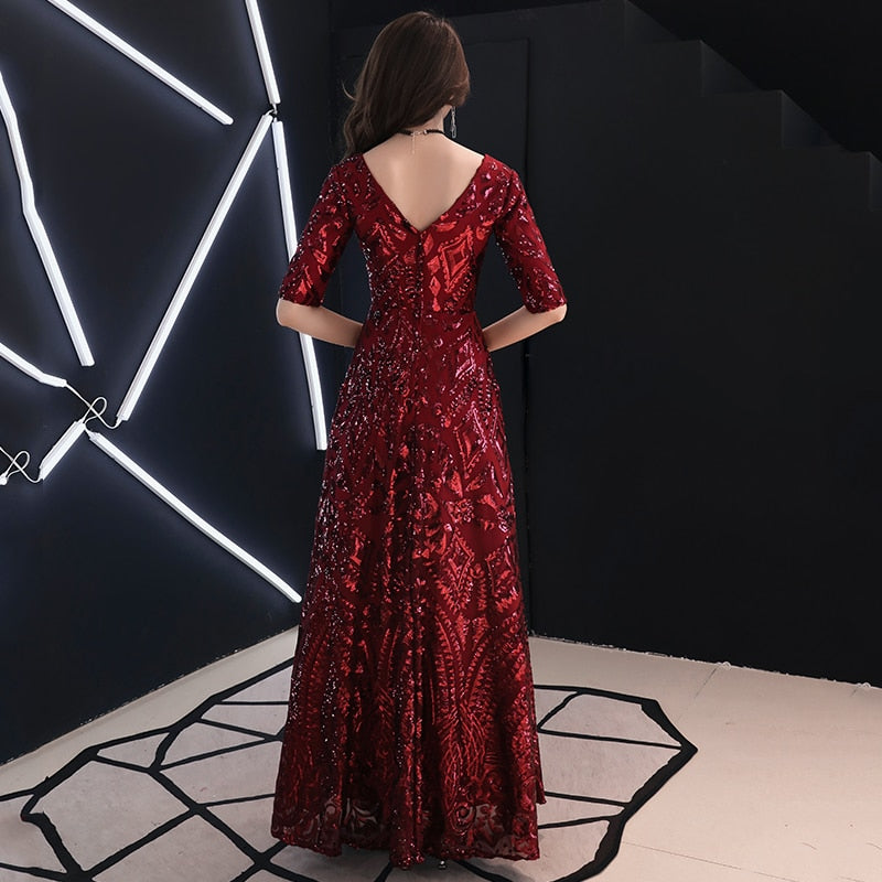 Evening wear Dresses: The Elegant V-neck A-line Half Sleeve Evening Gown