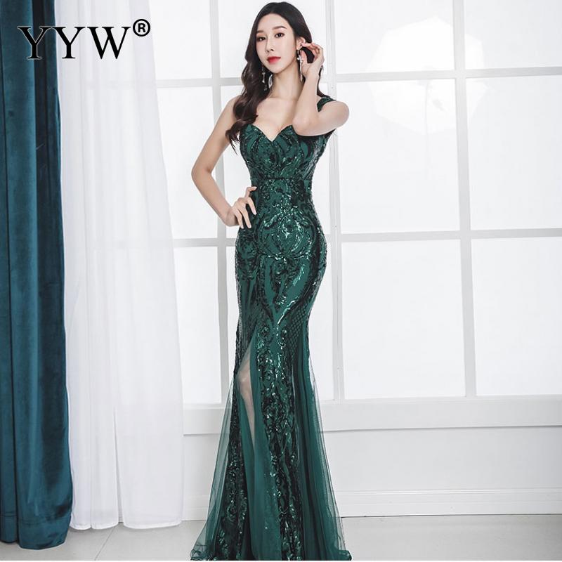 Evening wear Dresses: Gold Sequined V Neck Sleeveless Elegant Evening Dresses