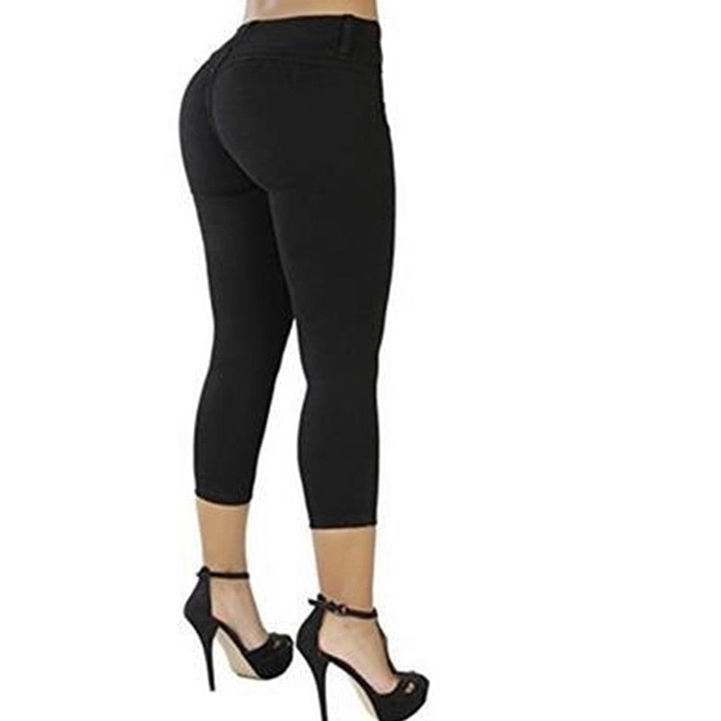 Women Casual Cropped Pants Solid Color Button Fly Waist Slim