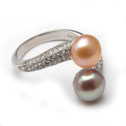 Real 925 Sterling Silver Double Pearl Rings Women,daughter gift bridal black pearl
