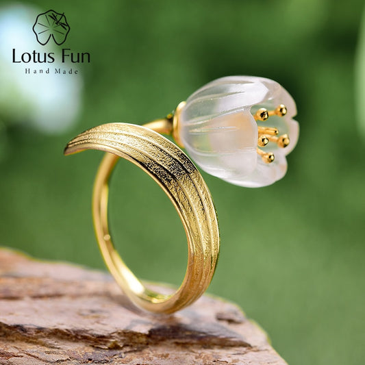 Lotus Fun Real 925 Sterling Silver 18k Gold Ring Natural Crystal Handmade