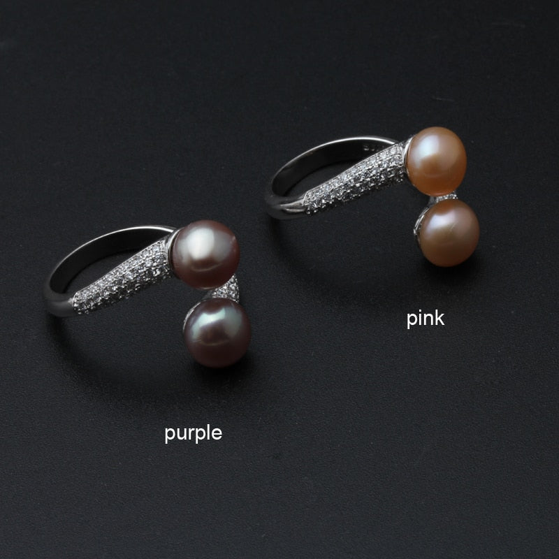 Real 925 Sterling Silver Double Pearl Rings Women,daughter gift bridal black pearl