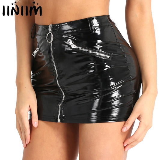 Women Ladies Wetlook Costumes Femme Skirts Stretchy Faux Leather Fake Zipper