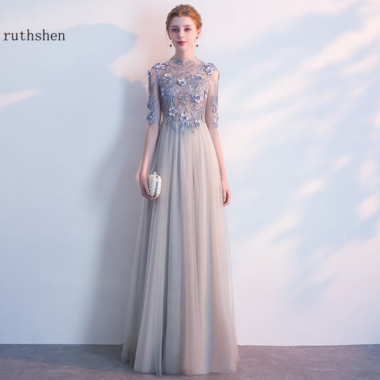 Homecoming Dresses: Prom Dresses Long Half Sleeves Gray Tulle A-Line Floor-Length