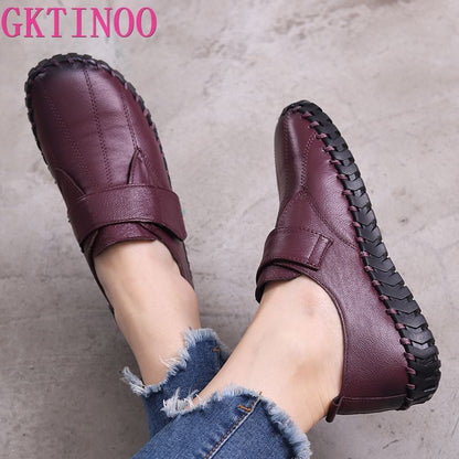 Ladies Genuine Leather Handmade Shoes Women Hook Loop Flat Shoes Women