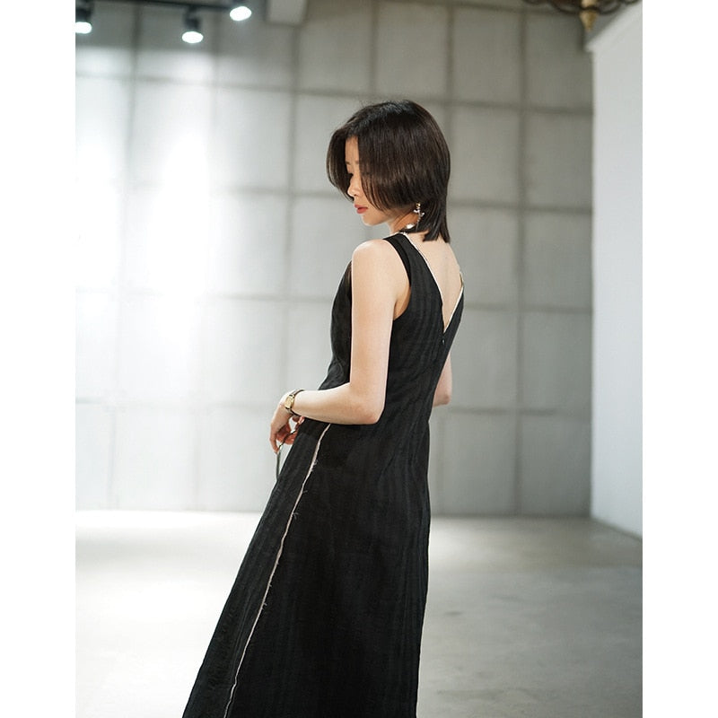 dark black minimalist cool dress small ramie jacquard sleeveless vest dress