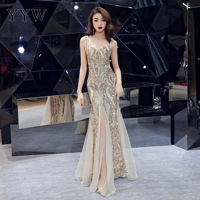 Evening wear Dresses: Gold Sequined V Neck Sleeveless Elegant Evening Dresses