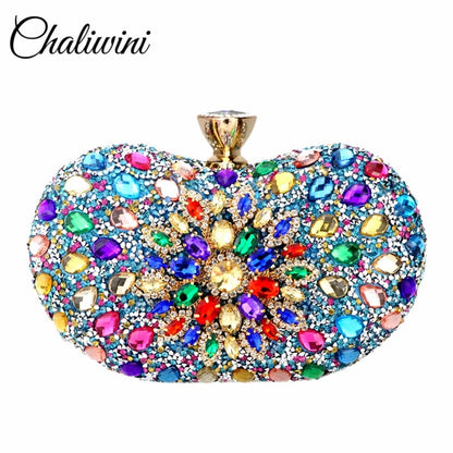Evening Diamond Two Side Floral Woman Clutch Bag Multi Crystal