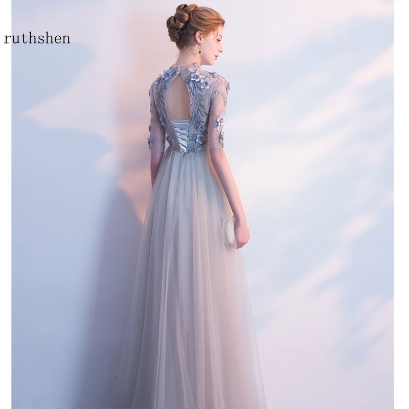 Homecoming Dresses: Prom Dresses Long Half Sleeves Gray Tulle A-Line Floor-Length