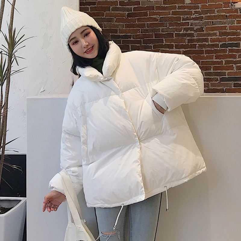 Korean Style Winter Jacket Parkas Women Stand Collar Solid Black White