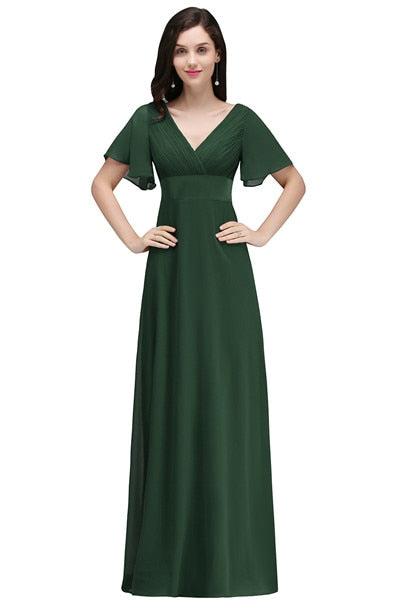 Homecoming Dresses: Elegant Dark Green Chiffon Long Prom Dresses With Short Sleeves