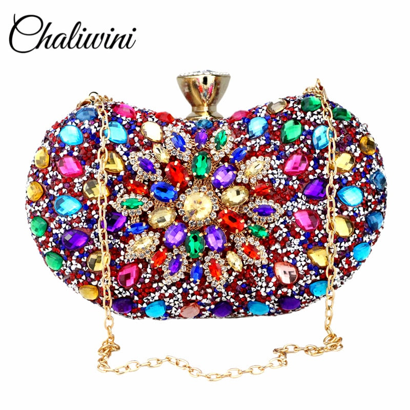Evening Diamond Two Side Floral Woman Clutch Bag Multi Crystal