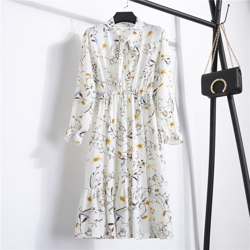 Floral Print Women Dress Female Autumn Long Sleeve Vintage Chiffon Bow Tie