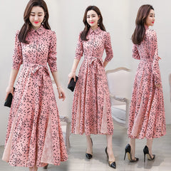 chiffon stitching lace Dress lady elegant temperament long dress shirt collar