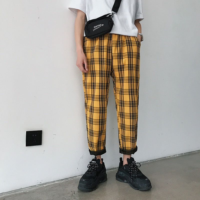 Streetwear Yellow Plaid Pants Men Joggers Man Casual Straight Harem Pants Men