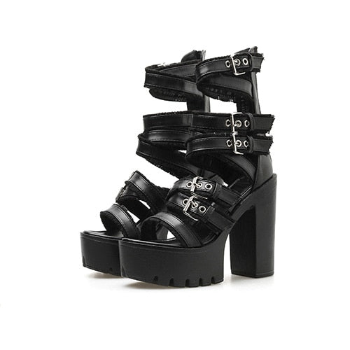 Women Gothic Shoes High Block Heel Hollow Out Sandals Gladiator