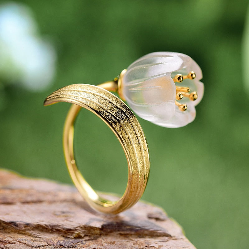 Lotus Fun Real 925 Sterling Silver 18k Gold Ring Natural Crystal Handmade