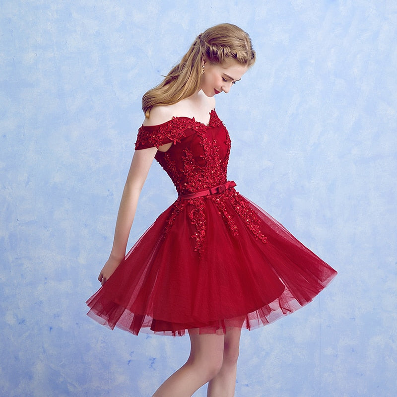 Homecoming Dresses: Red Lace Elegant Knee Length Prom Dresses Women