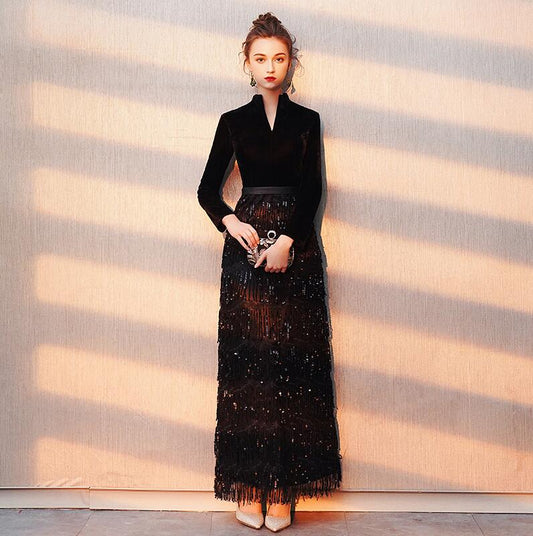 Evening wear Dresses: Evening Dress Banquet Black Velour with Stripe