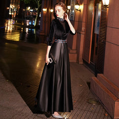 Black Velour Evening Dress Long A-line Party Dress Crystal Half