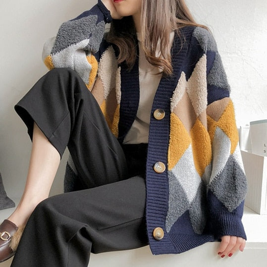Colorfaith Women's Sweaters Winter Spring Plaid V-Neck Cardigans Button