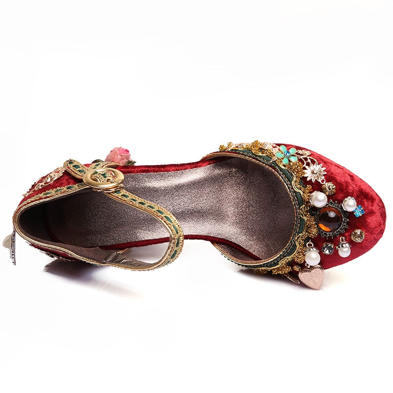 Phoentin velvet ankle strap Chinese wedding shoes women crystal buckle pearl
