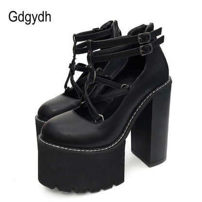Fashion Women Pumps High Heels Zipper Rubber Sole Black Platform Shoes