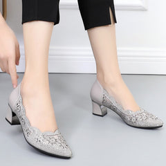 Summer Fashion Hollow Out Genuine Leather Pumps Women Shoes Medium Heels