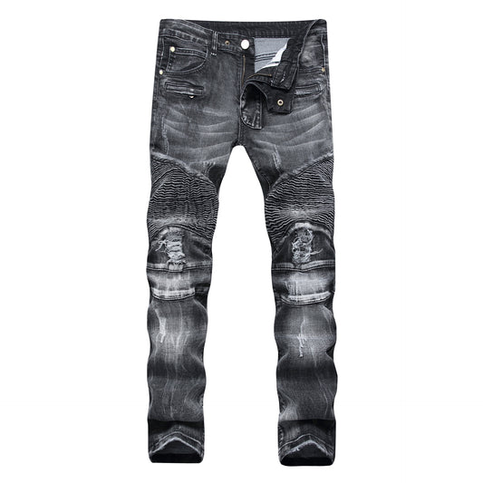 Classic Retro Jeans Men Straight Slim Zipper Decoration Light Fold Skinny Denim