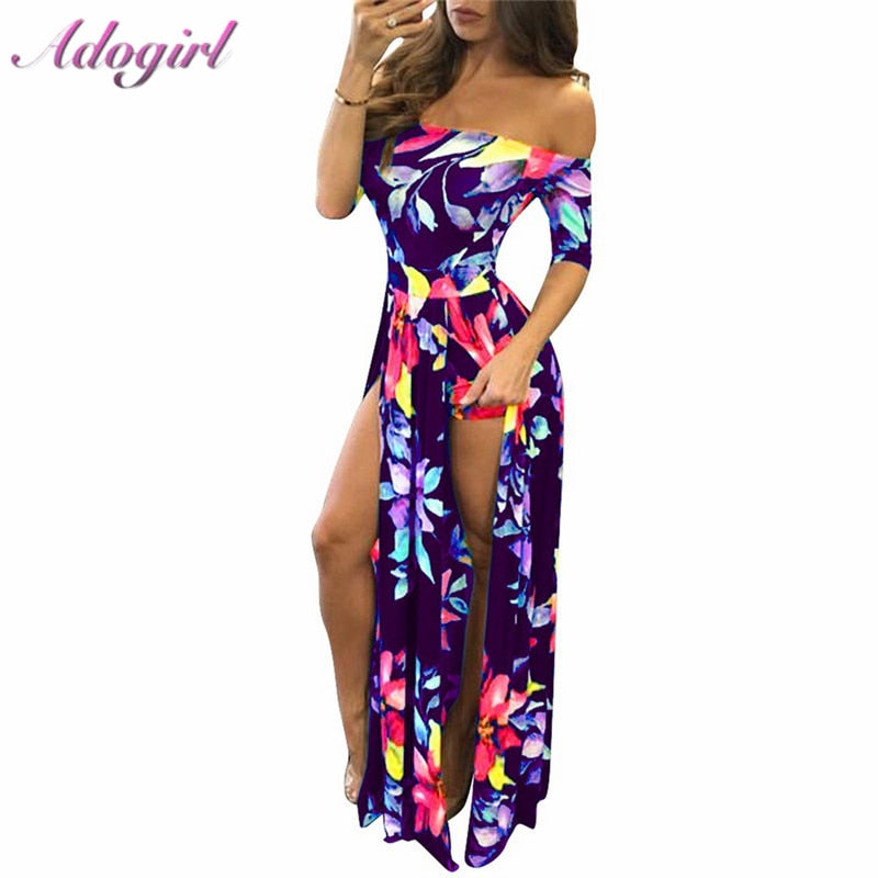 Women Floral Print Hobo Beach Long Dress Summer Elegant Off Shoulder