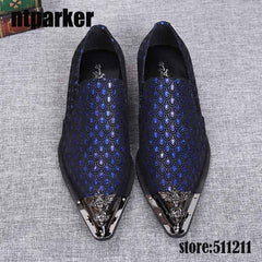 Western Fashion Pointed Metal Toe Dress Shoes Blue Grey Party Wedding