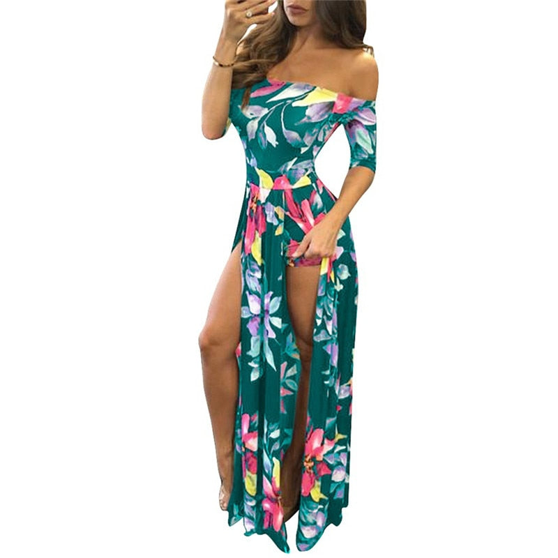 Women Floral Print Hobo Beach Long Dress Summer Elegant Off Shoulder