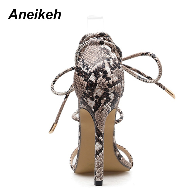 Fashion Summer Women Sandals PU Lace-Up Thin High Cover Heel Shallow Mature Serpentine Dance Solid Pumps 35-40