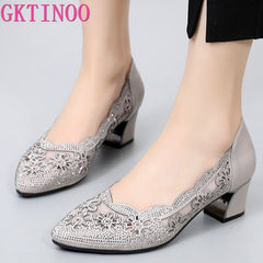 Summer Fashion Hollow Out Genuine Leather Pumps Women Shoes Medium Heels