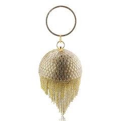 Round Ball Shape Pearl Beaded Tassel Women Evening Gold Handbags Shoulder