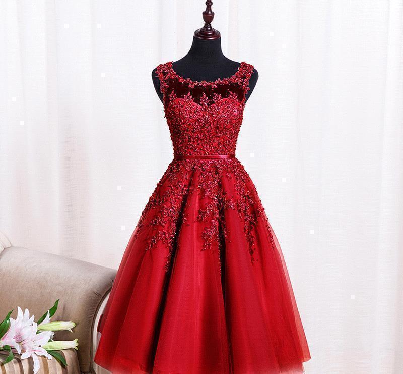 Red Pink Burgundy Tulle Lace Short Dress Prom Applique Beaded Prom Gown