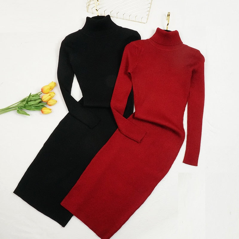 Women Knitted Dress Turtleneck Sweater Dresses Lady Slim