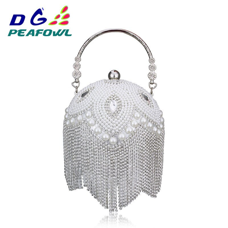 Round Ball Shape Pearl Beaded Tassel Women Evening Gold Handbags Shoulder