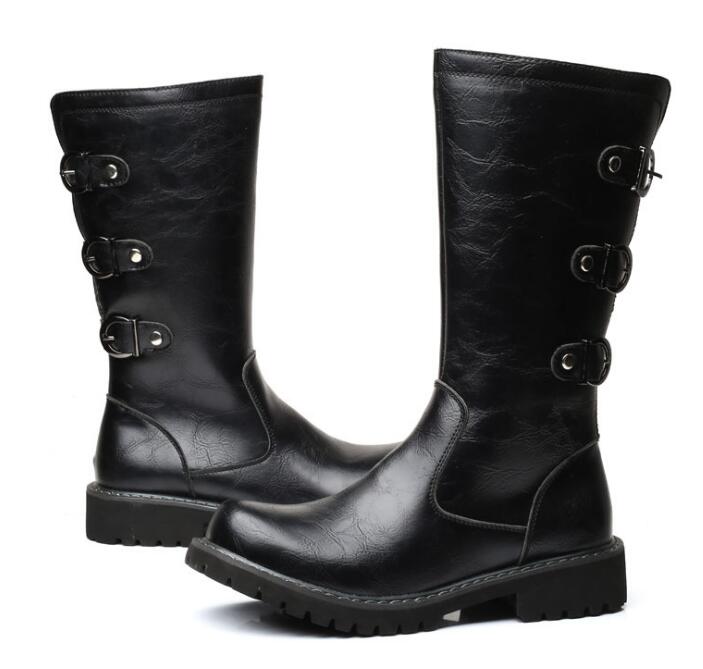 Men's Leather Motorcycle Boots Mid-calf Military Combat Boots Gothic