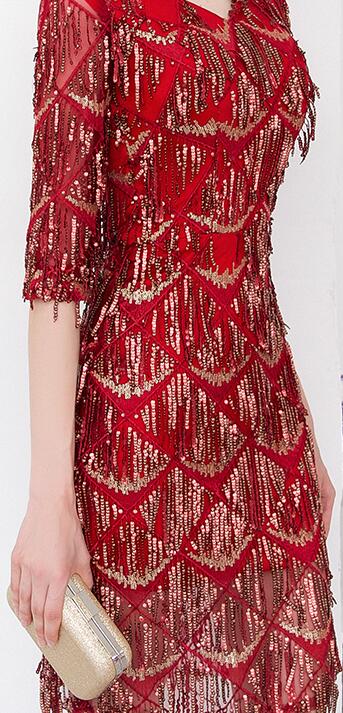 Evening wear Dresses: Half Sleeves Evening Dress Straight Sequin Elegant Women
