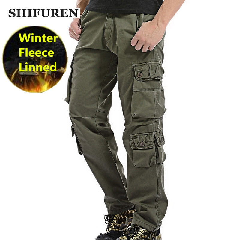 Winter Fleece Men Cargo Pants Loose Fit Multi-pocket Male